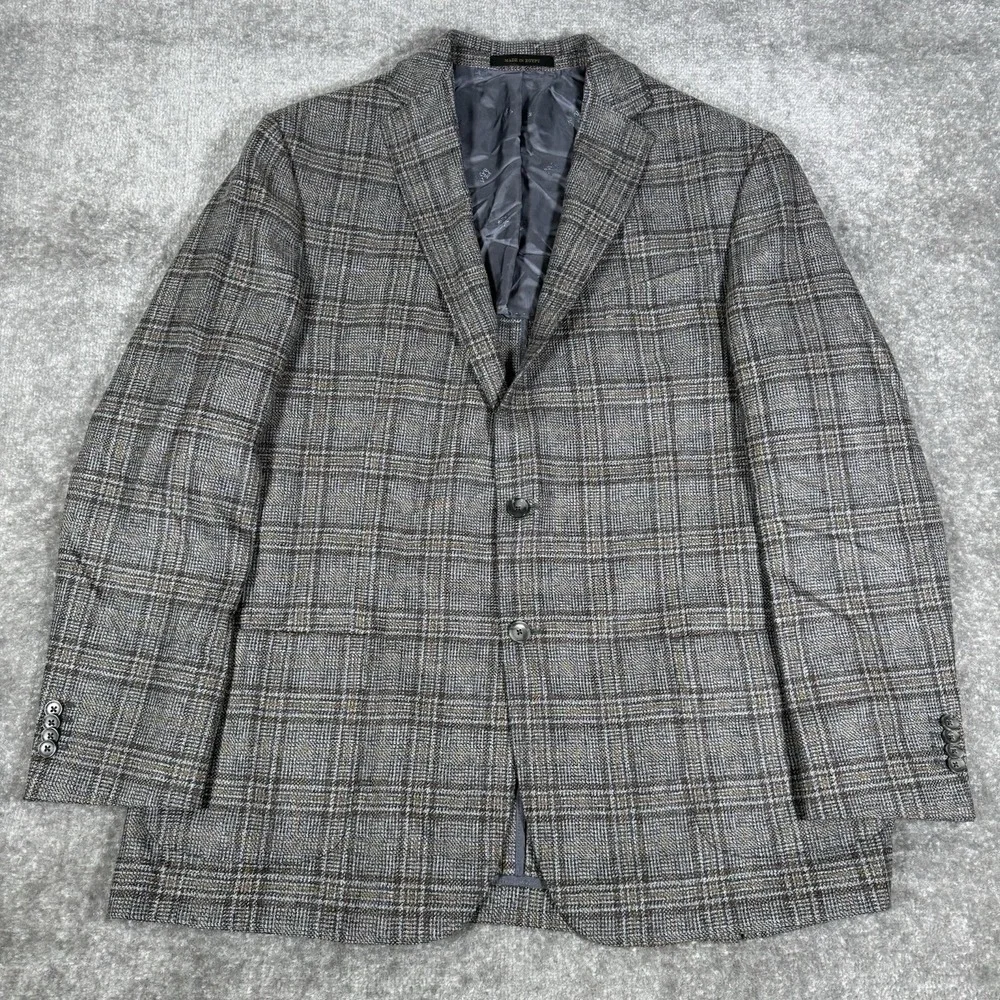 Jos A Bank Blazer Men's 46L Gray Plaid Wool Two Button Lanifico Di‎ Pray